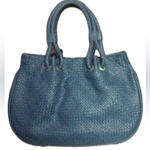 Elegant Blue Genuine Leather Woven Handbag